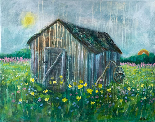 Láhtu giettis / Låve i eng, akryl på 3D-lerret, 50 × 40 cm